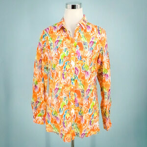 J. McLaughlin Size Medium M Orange Tucan Bird Print Lois Button Front Cotton Top
